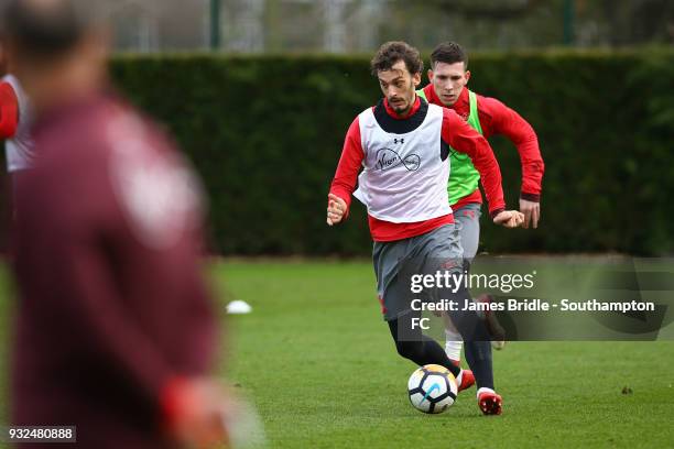 Manolo Gabbiadini and Jeremy Pied during a Southampton FC first team training at Staplewood Complex on March 15, 2018 in Southampton, England.