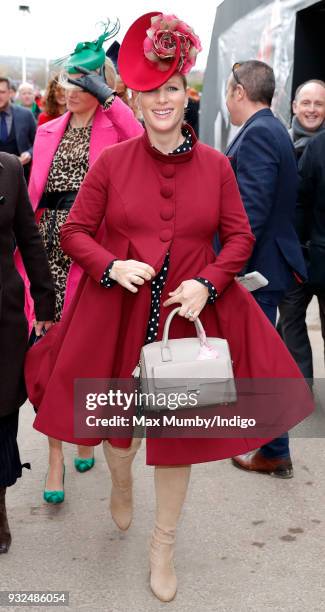 Zara Phillips attends day 2 'Ladies Day' of the Cheltenham Festival at Cheltenham Racecourse on March 14, 2018 in Cheltenham, England. Zara Phillips