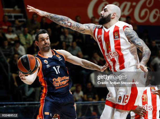 Rafa Martinez of Valencia in action against Pero Antic of Crvena Zvezda during the 2017/2018 Turkish Airlines EuroLeague Regular Season game between...
