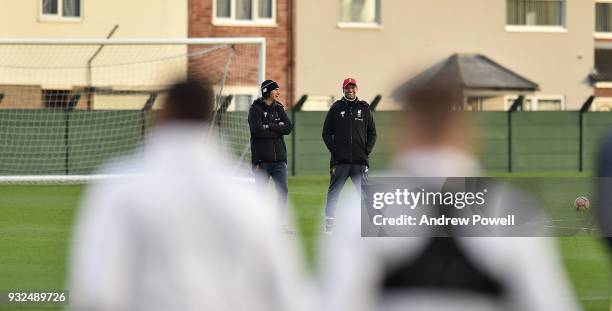 Jurgen Klopp manager of Liverpool and Zeljko Buvac First assistant coach of Liverpool during the training session at Melwood Training Ground on March...