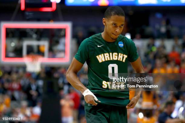 Jaylon Hall of the Wright State Raiders is seen after the Raiders lose to the Tennessee Volunteers 73-47 in the first round of the 2018 NCAA Men's...