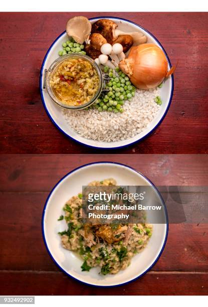 wild mushroom risotto ingredients - arroz de grão curto imagens e fotografias de stock