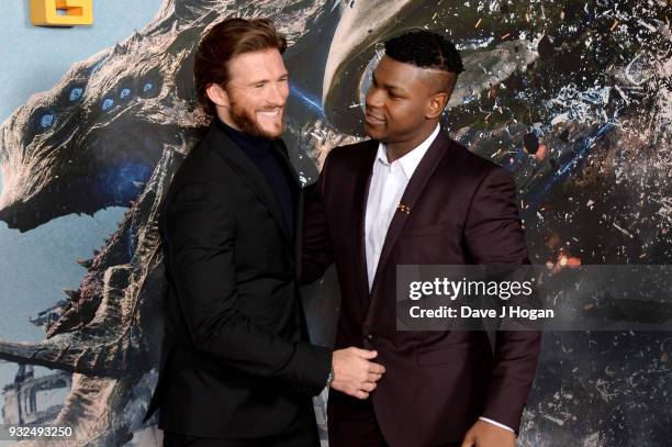 Scott Eastwood and John Boyega attend a special screening of 'Pacific Rim Uprising' at Vue West End on March 15, 2018 in London, England.