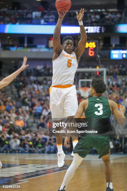 Admiral Schofield of the Tennessee Volunteers passes the ball during the NCAA Div I Men's Championship First Round basketball game between the...