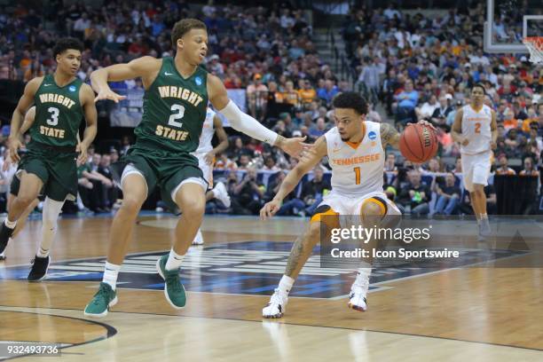 Lamonte Turner of the Tennessee Volunteers fights for position during the NCAA Div I Men's Championship First Round basketball game between the...