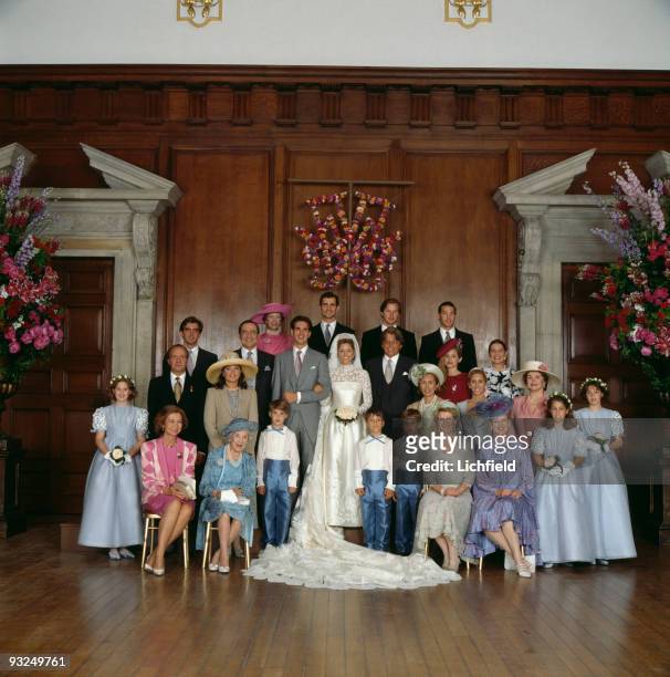 Royals pose at Hampton Court Palace after the wedding of Crown Prince Pavlos of the Hellenes and Marie-Chantal Miller, 1st July 1995. Front row are...