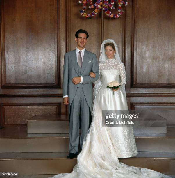 Crown Prince Pavlos of the Hellenes with Crown Princess Marie-Chantal at Hampton Court Palace on 1st July 1995. The bride was born Marie-Chantal...