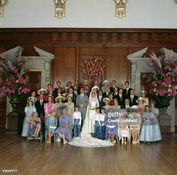 Royals pose at Hampton Court Palace after the wedding of Crown Prince Pavlos of the Hellenes and Marie-Chantal Miller, 1st July 1995. On the left...