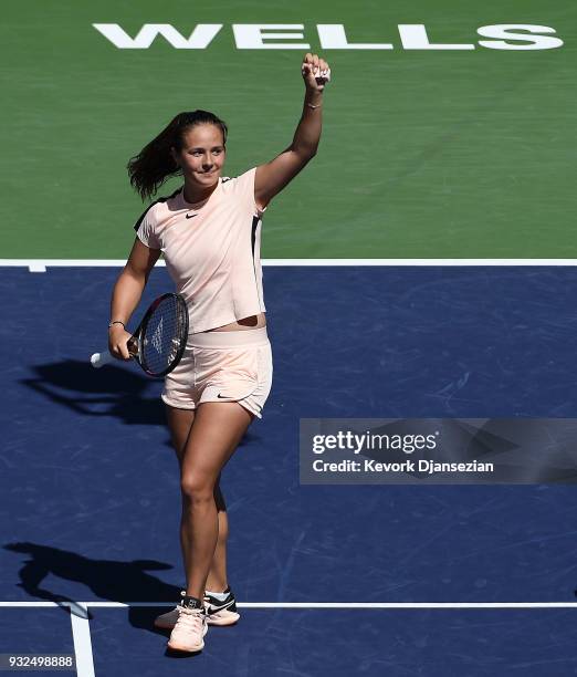 Daria Kasatkina of Russia celebrates after defeating Angelique Kerber of Germany during Day 9 of BNP Paribas Open on March 15, 2018 in Indian Wells,...