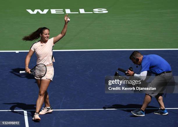 Daria Kasatkina of Russia celebrates after defeating Angelique Kerber of Germany during Day 9 of BNP Paribas Open on March 15, 2018 in Indian Wells,...