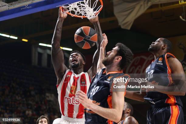 Mathias Lessort, #26 of Crvena Zvezda mts Belgrade competes with Joan Sastre, #30 of Valencia Basket and Latavious Williams, #22 of Valencia Basket...