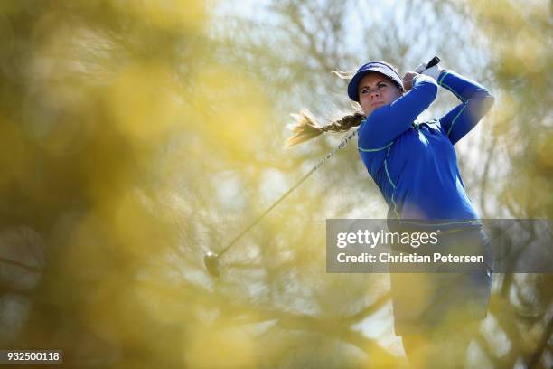 Dani Holmqvist of Sweden plays a tee shot on the 13th hole during the first round of the Bank Of Hope Founders Cup at Wildfire Golf Club on March 15,...