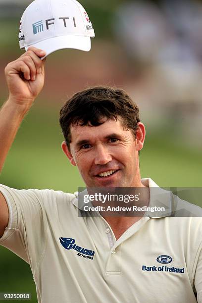 Padraig Harrington of Ireland smiles at the crowd on the 17th hole during the second round of the Dubai World Championship on the Earth Course,...