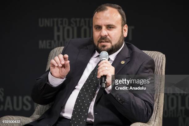 Mounir Mustafa, a member of the Syrian Civil Defense or White Helmets, speaks during a discussion on "Syria: Is the Worst Yet to Come?" hosted by the...