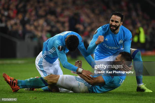 Lucan Ocampos of Marseille celebrates their 2nd goal with his team mate, Kostas Mitroglou of Marseille during UEFA Europa League Round of 16 match...