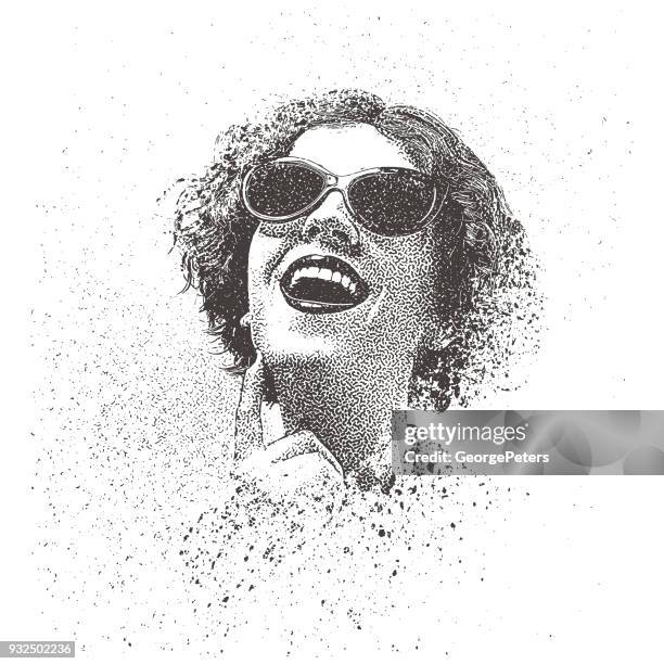 retro-sprühfarbe, graffiti-porträt einer jungen frau mit vintage sonnenbrille - portrait lachen stock-grafiken, -clipart, -cartoons und -symbole