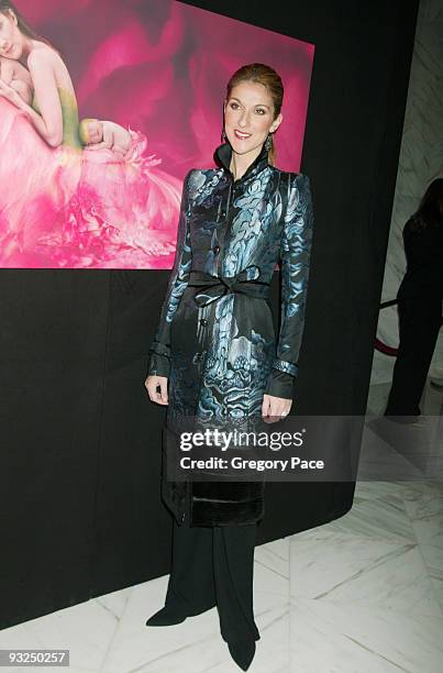 Celine Dion poses in front of the Anne Geddes photo of her