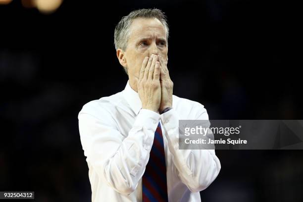 Head coach Steve Donahue of the Pennsylvania Quakers reacts in the second half against the Kansas Jayhawks during the first round of the 2018 NCAA...