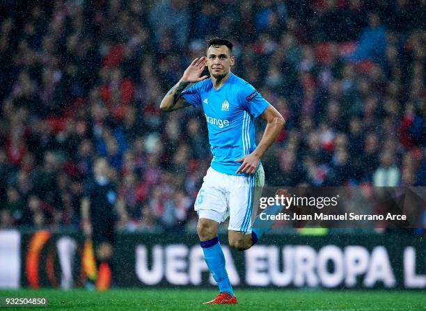 Lucas Ocampos of Marseille celebrates after scoring his team's second goal during UEFA Europa League Round of 16 match between Athletic Club Bilbao...