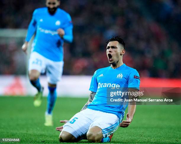 Lucas Ocampos of Marseille celebrates after scoring his team's second goal during UEFA Europa League Round of 16 match between Athletic Club Bilbao...