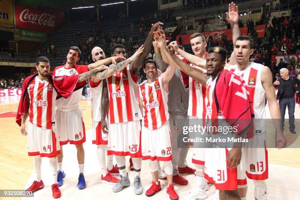 James Feldeine, #14, Marko Keselj, #4, Pero Antic, #12, Taylor Rochestie, #22, Alen Omic, #23, Dylan Ennis, #31 and Ognjen Dobric, #13 of Crvena...