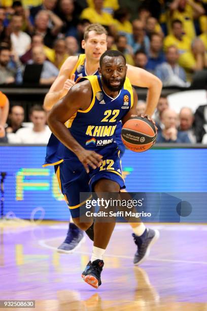 Charles Jenkins, #22 of Khimki Moscow Region in action during the 2017/2018 Turkish Airlines EuroLeague Regular Season Round 26 game between Maccabi...
