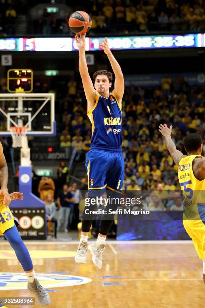 Alexey Shved, #1 of Khimki Moscow Region in action during the 2017/2018 Turkish Airlines EuroLeague Regular Season Round 26 game between Maccabi Fox...