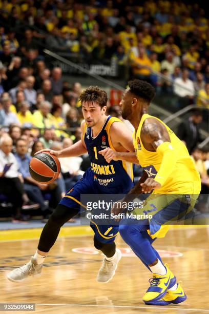 Alexey Shved, #1 of Khimki Moscow Region in action during the 2017/2018 Turkish Airlines EuroLeague Regular Season Round 26 game between Maccabi Fox...