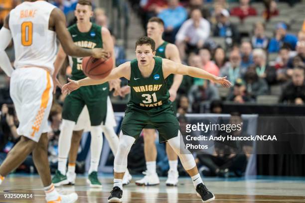 Wright State Raiders guard Cole Gentry waits for Tennessee Volunteers guard Jordan Bone to dribble down the court during the game between the...
