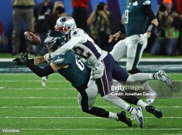 Devin McCourty of the New England Patriots breaks up a pass against Zach Ertz of the Philadelphia Eagles during Super Bowl Lll at U.S. Bank Stadium...