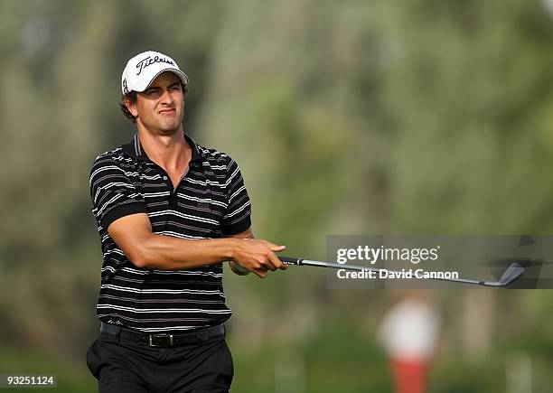 Adam Scott of Australia plays his second shot on the 14th hole during the second round of the Dubai World Championship, on the Earth Course, Jumeirah...