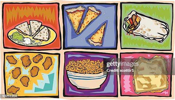 stockillustraties, clipart, cartoons en iconen met artsy junk food favorites - macaroni en kaas