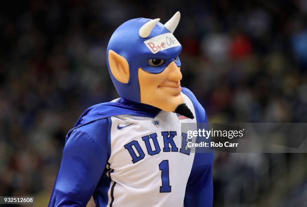 The Duke Blue Devils mascot, Blue Devil attends the game against the Iona Gaels during the first round of the 2018 NCAA Men's Basketball Tournament...