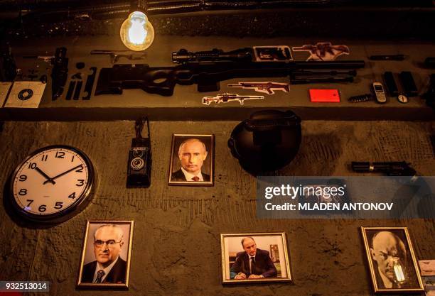 Details of the decor of the "Intelligence" spy themed bar near the famous KGB and current FSB building on Lubyanka square are seen in Moscow on March...