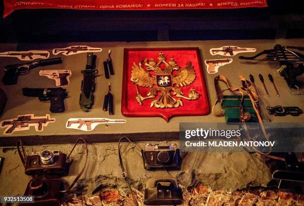 Details of the decor of the "Intelligence" spy themed bar near the famous KGB and current FSB building on Lubyanka square are seen in Moscow on March...