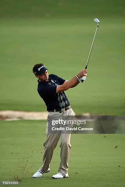 Robert Allenby of Australia plays his third shot on the 18th hole during the second round of the Dubai World Championship, on the Earth Course,...