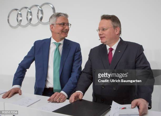 Annual Press Conference of AUDI AG in Ingolstadt. Rupert Stadler , CEO of Audi AG and CFO Alexander Seitz, during the press conference.