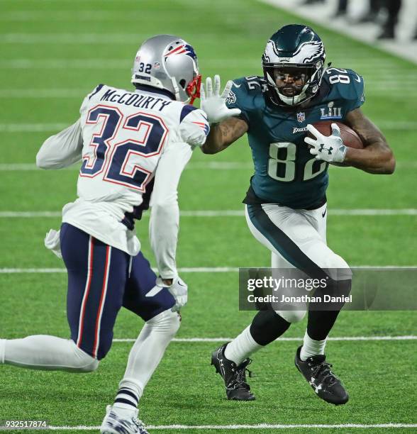 Devin McCourty of the New England Patriots chases Torrey Smith of the Philadelphia Eagles during Super Bowl Lll at U.S. Bank Stadium on February 4,...