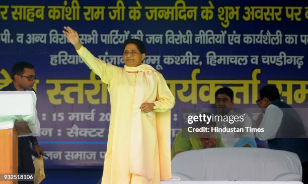Supremo Mayawati delivered speech during the rally in Sector 25 on the occasion of BSP founder leader Late Kanshi Ram on March 5, 2018 in Chandigarh,...