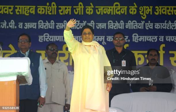 Supremo Mayawati delivered speech during the rally in Sector 25 on the occasion of BSP founder leader Late Kanshi Ram on March 5, 2018 in Chandigarh,...