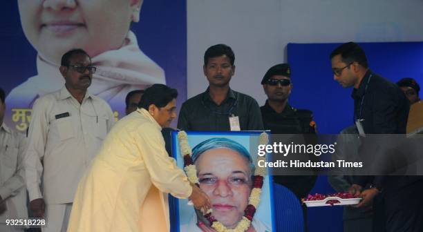 Supremo Mayawati flower tribute to BSP founder leader Late Kanshi Ram during the rally in Sector 25 on the occasion of BSP founder leader Late Kanshi...