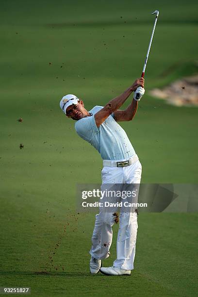 Camilo Villegas of Colombia plays his third shot on the 18th hole during the second round of the Dubai World Championship, on the Earth Course,...