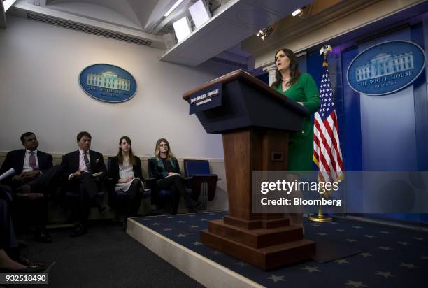 Sarah Huckabee Sanders, White House press secretary, speaks during a press conference at the White House briefing room in Washington, D.C., U.S., on...