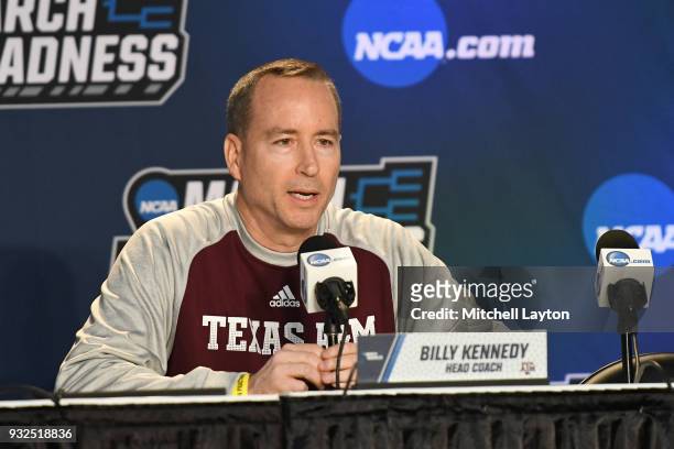 Head coach Billy Kennedy of the Texas A&M Aggies addresses the media during media day of the Men's NCAA Basketball Tournament - Charlotte - Practice...