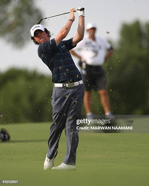 Northern Ireland's Rory McIlroy plays a shot during the second round of the 7.5-million-dollar Dubai World Championship at the Earth Course at...