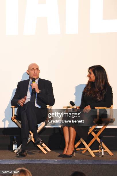 Tina Daheley speaks with cast member Mark Strong at the Global Premiere of "Deep State", the new espionage thriller from FOX, at The Curzon Soho on...