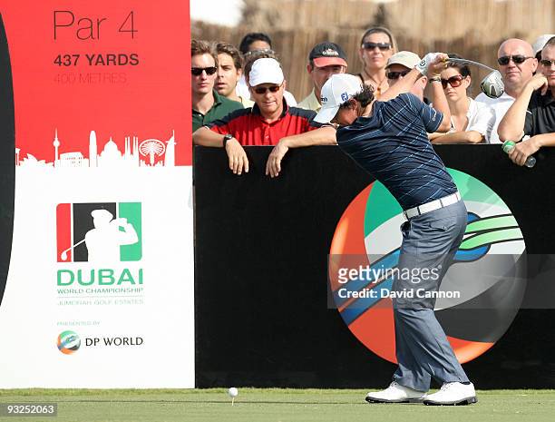 Rory McIlroy of Northern Ireland plays his tee shot on the 10th hole during the second round of the Dubai World Championship, on the Earth Course,...