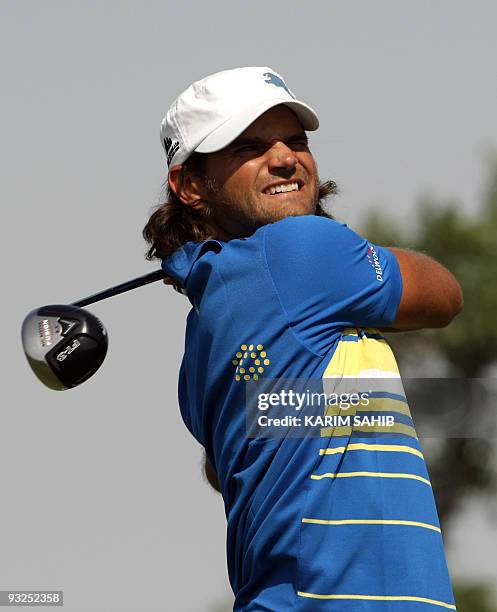 Sweden's Johan Edfors plays a shot during the second round of the Dubai World Championship golf tournament at the Earth Course at Jumeirah Golf...