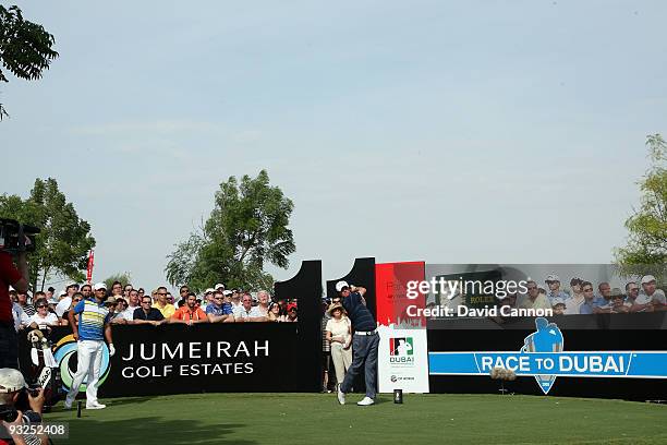 Rory McIlroy of Northern Ireland tees off at the 11th hole during the second round of the Dubai World Championship, on the Earth Course, Jumeirah...