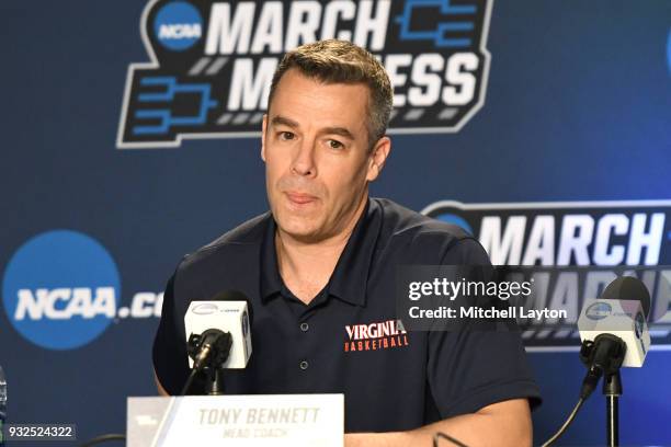 Head coach Tony Bennett of the Virginia Cavaliers addresses the media during media day of the Men's NCAA Basketball Tournament - Charlotte - Practice...